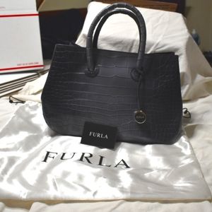 Furla Dark Gray Crocodile Pattern Leather Handbag